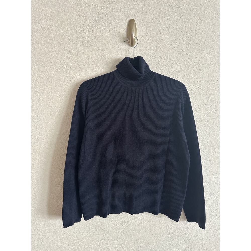 Valerie Stevens Turtleneck Sweater Navy Merino Wool Ribbed Knit Minimalist L